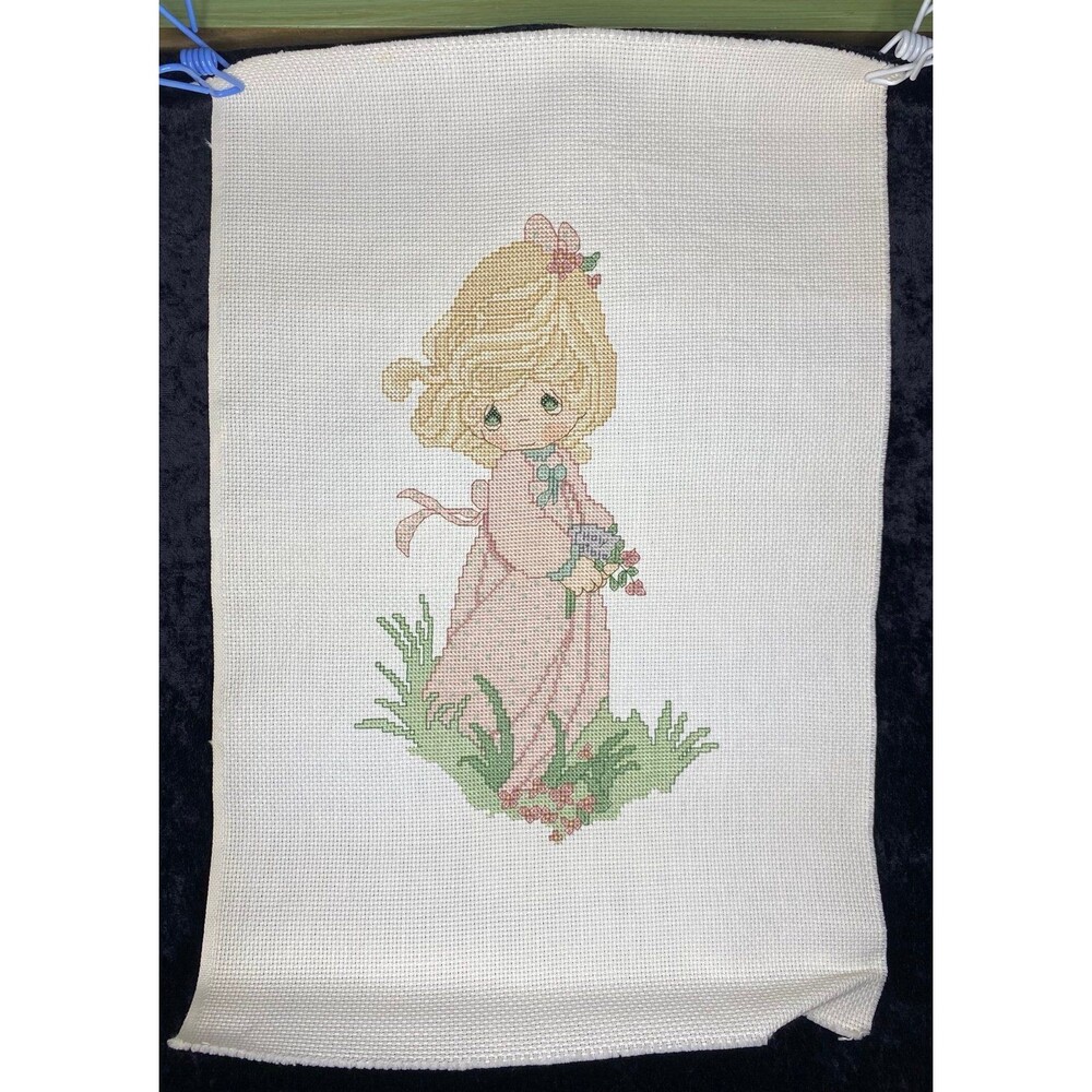 Vtg Needlepoint Hand Embroidered Cross Stitch Cute Precious Moments Girl & Bible